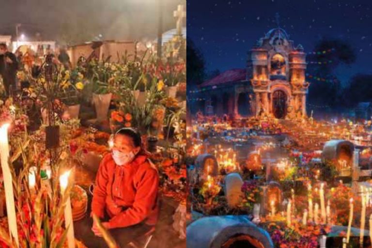 La atmósfera de Mixquic de celebración y respeto inspiró el ambiente de varios momentos en Coco.(Crédito: Gobierno de México/Coco-Disney-Pixar)