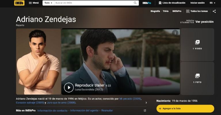 Este es el perfil de Adriano Zendejas del portal web IMDb.