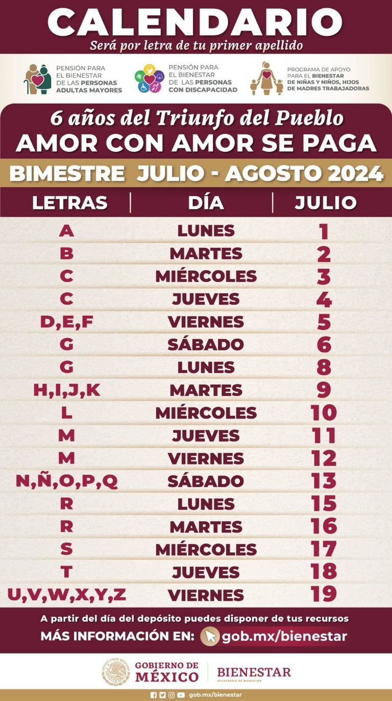 calendario pension bienestar 2024