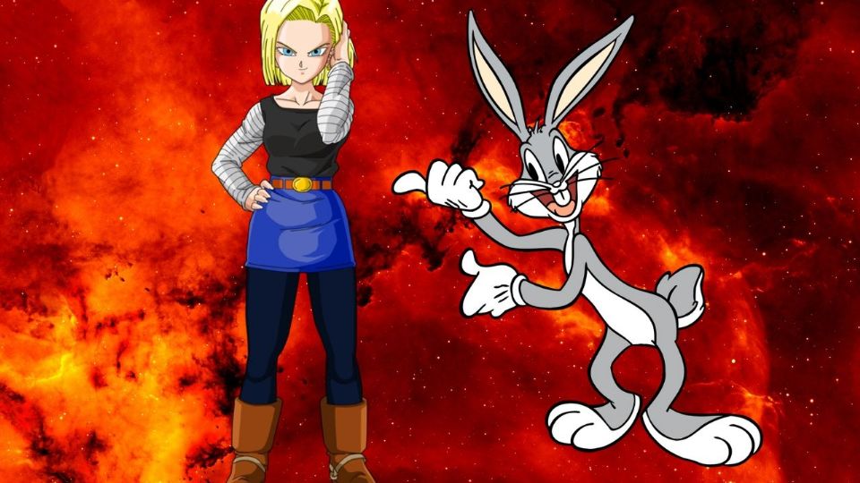 La imagen generada por la inteligencia artificial presenta una figura que fusiona de manera equilibrada y caricaturesca las características de Androide 18 y Bugs Bunny